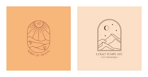 Soyut dağ manzaraları ile vektör doğrusal boho amblemleri. Dağlar veya çöl kumulları ile seyahat logosu; ay, güneş ve güneş patlamaları. Modern bohem simgesi veya simgesi minimal biçimde. markalaşma tasarım şablonu..