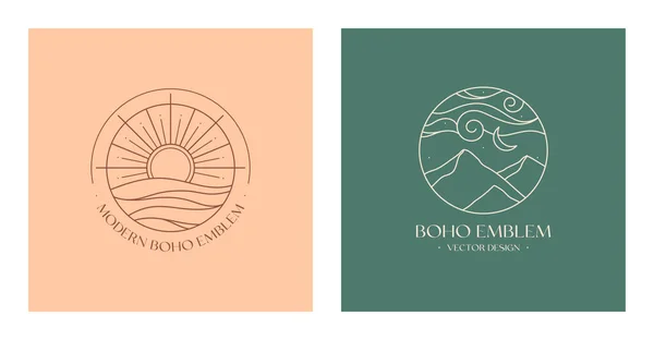 Set Von Vektorlinearen Boho Emblemen Bohemian Logo Designs Mit Meer — Stockvektor