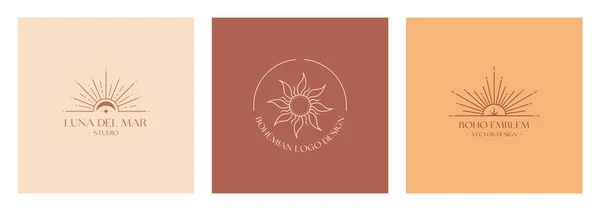 Güneş, ay ve güneş patlaması içeren vektör bohem logosu seti. Moda minimalist stilde Boho lineer simgeleri veya sembolleri. Modern göksel amblemler. Luna del Mar ile harfler Deniz Ay anlamına gelir.