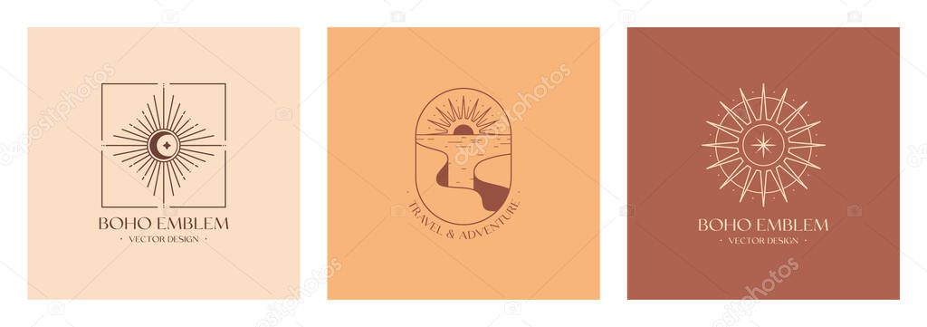 Vector linear boho emblems with rocky mountain landscape,guiding star and crescent symbol.Travel logos with cliffed coast;sea,moon,sun and sunburst.Modern celestial icons in trendy minimalist style.Branding designs