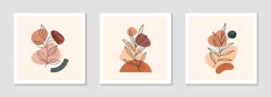 Organik şekilleri ve yeşillik çizgisi olan modern soyut vektör çizimleri. Boho suluboya duvar sanatı. Sanatsal tasarımlar pankartlar için mükemmel. Sosyal medya, davetiyeler, kapaklar, duvar kağıtları.