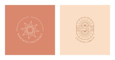 Güneş, bulutlu gökyüzü ve güneş patlamalı vektör bohem logo dizayn şablonları. Moda minimalist stilde Boho doğrusal simgeleri veya sembolleri. Modern göksel amblemler. Markalaşma tasarım şablonları.