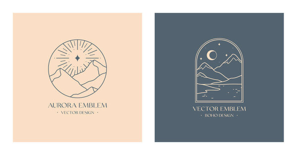 Vector linear boho emblems with snowcapped mountain landscapes.Travel logos with mountains;sea or lake,aurora lights,moon and stars.Modern bohemian icons or symbols in minimal style.Branding design