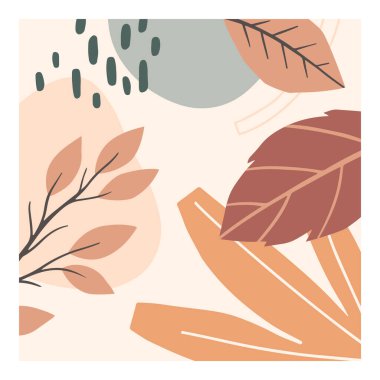 Sonbahar, çeşitli organik şekil ve yapraklara sahip soyut dekoratif baskılar. Orta ölçekli mevsimsel tasarımlar. Evrensel sanatsal afiş. Moda sonbahar vektör ilüstrasyonu.