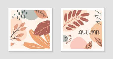 Çeşitli organik şekillere, yapraklara ve harflere sahip sonbahar soyut dekoratif baskılar. Orta mevsimlik tasarımlar. Evrensel sanatsal afişler. Moda sonbahar vektör çizimleri..