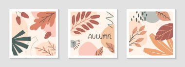 Çeşitli organik şekillere, yapraklara ve harflere sahip sonbahar soyut dekoratif baskılar. Orta mevsimlik tasarımlar. Evrensel sanatsal afişler. Moda sonbahar vektör çizimleri..