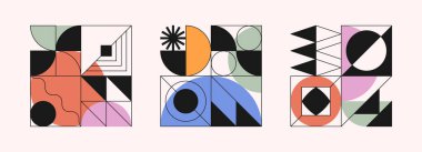 Geometrik soyut desen tasarımları. Brutal basit modüler şekiller ve biçimlerle sanattan ilham aldı. Modern, kalın dijital baskılar için grafikler; markalaşma; amalama; web; amblemler; amblemler;.