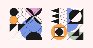 Soyut modüler desen tasarımları. Basit şekil ve biçimlere sahip kalın geometrik kompozisyonlar. Brutalist esinlenilmiş dijital baskılar, damgalama, ambalaj, web, posterler, amblemler için grafikler..