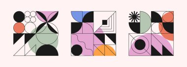 Soyut modüler desen tasarımları. Basit şekil ve biçimlere sahip kalın geometrik kompozisyonlar. Brutalist esinlenilmiş dijital baskılar, damgalama, ambalaj, web, posterler, amblemler için grafikler..