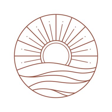 Boho seyahat lineer amblemi. Bohem logosu deniz, güneş ve güneş patlaması ile tasarlandı. Modern gökyüzü simgesi veya sembol modaya uygun minimalist tarzda. Marka tasarım şablonu.