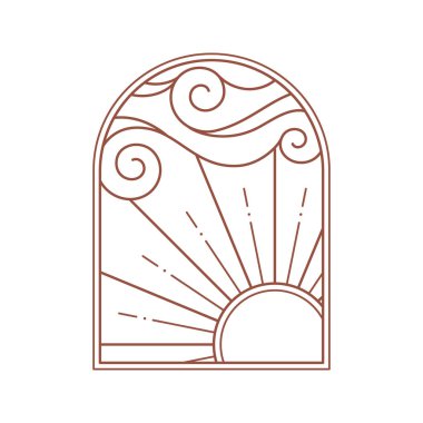 Boho lineer amblemi. Bulutlu gökyüzü, güneş ve güneş patlaması ile Bohem vektör logosu tasarımı. Modern gökyüzü simgesi veya modayı simgeleyen modaya uygun minimalist tasarım şablonu..