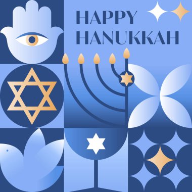 Hanuka vektör illüstrasyonu.Menorah, güvercin, hamsa, mavi, altın ve beyaz renkli David yıldızı ile bayram geçmişi. Yahudi ışık festivali baskılar, kapaklar, davetiyeler için şablonları selamlıyor..