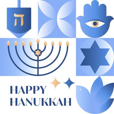 Hanuka vektör illüstrasyonu. Menorah, güvercin, hamsa, dreidel, mavi, altın ve beyaz renkli David yıldızı. Yahudi ışık festivali baskılar, kapaklar, davetiyeler için şablonları karşılıyor..