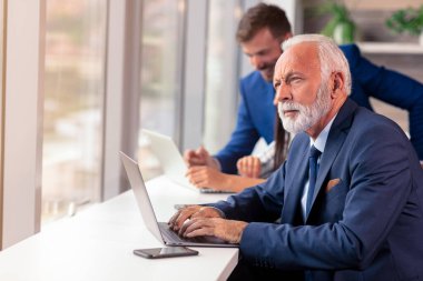 Üst düzey yönetici arka planda genç dilleri olan bir dizüstü bilgisayar kullanıyor.