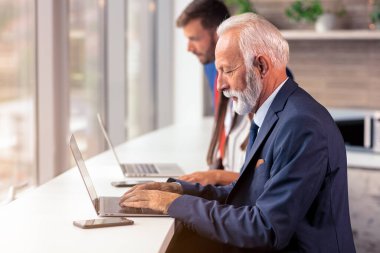 Üst düzey yönetici arka planda genç dilleri olan bir dizüstü bilgisayar kullanıyor.