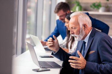 Üst düzey yönetici arka planda genç dilleri olan bir dizüstü bilgisayar kullanıyor.