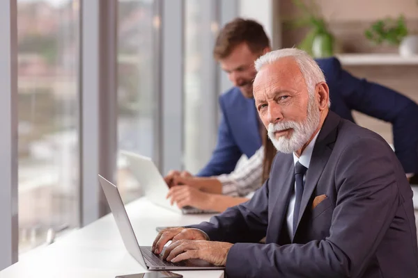 Старший менеджер использует ноутбук с молодыми коллегами в фоновом режиме — стоковое фото