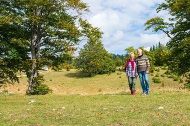 Üst düzey bir çift güzel bir doğayla yürüyor.