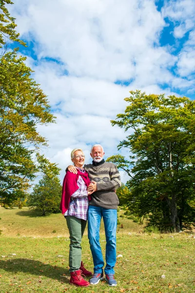 Senior couple on a walk in an autumn nature.