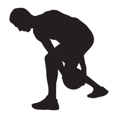 Profesyonel basketbolcu silueti ile top, vektör illüstrasyon. Basketbol çapraz top sürme becerileri.
