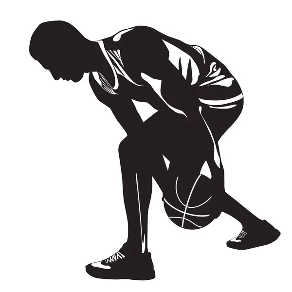 Profi-Basketballspieler Silhouette mit Ball, Vektorillustration. Crossover-Dribbelkünste im Basketball. — Stockvektor