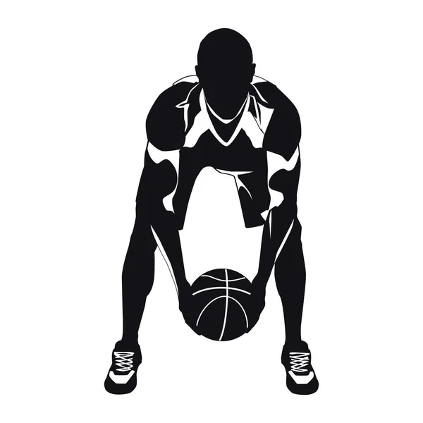 Profi-Basketballspieler Silhouette mit Ball, Vektorillustration. Basketball-Dribbelkünste, Spielzüge, Tricks. — Stockvektor