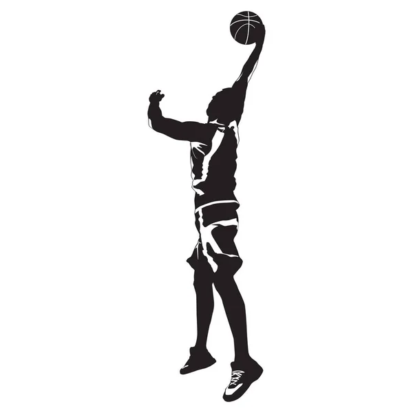 Professional basketball player silhouette shooting ball into the hoop, vector illustration. Slam dunk shooting technique — Stock Vector
