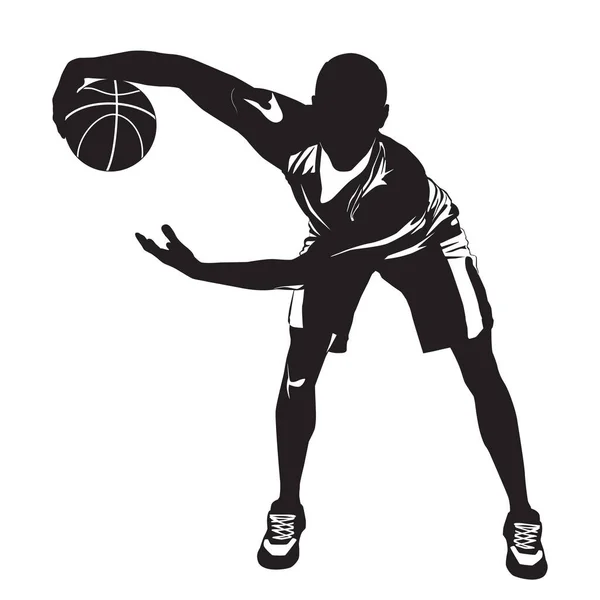 Silhouette professionnelle de joueur de basket avec balle, illustration vectorielle. Basketball dribble compétences, mouvements, astuces. — Image vectorielle