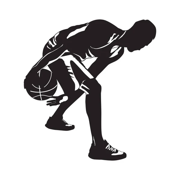 Profi-Basketballspieler Silhouette mit Ball, Vektorillustration. Basketball-Dribbelkünste. — Stockvektor