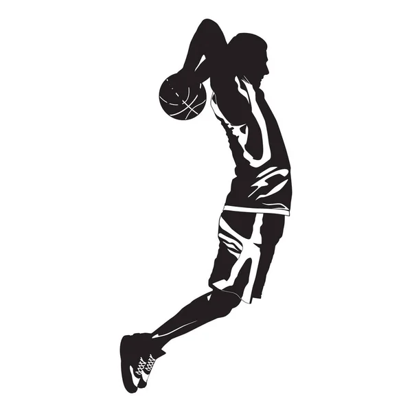 Profesional de baloncesto jugador silueta de tiro bola en el aro, vector de ilustración. Slam Dunk técnica de disparo Vector de stock