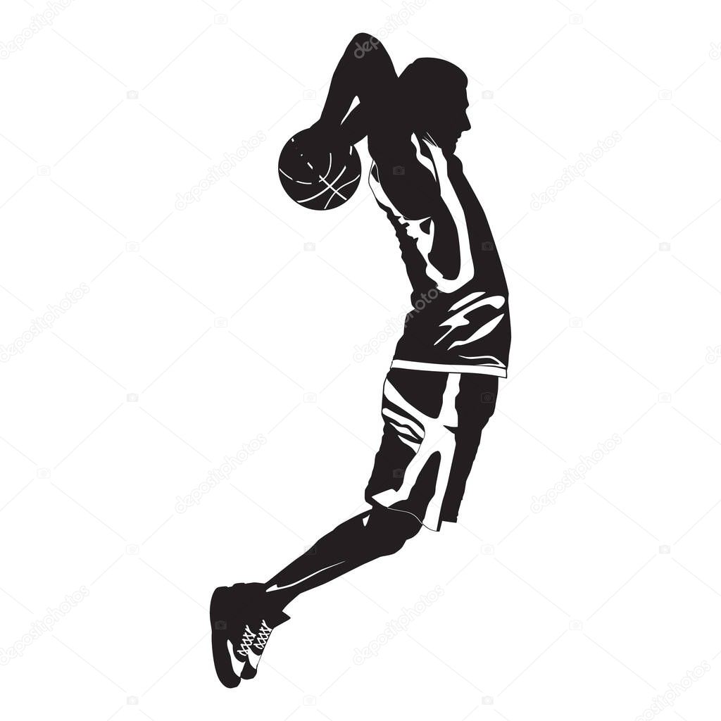 Young man athlete, professional basketball player silhouette shooting ball into the hoop jumping in the air, vector illustration. Sport and healthy lifestyle. Slam dunk. Basketball shooting technique.