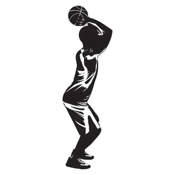 Baloncesto profesional jugador silueta tiro bola en el aro, vector de ilustración — Vector de stock