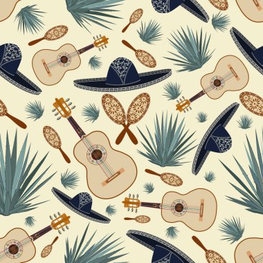 Meksika şapkası, gitarı, marakası ve mavi agave bitkileriyle kusursuz bir model. Meksika arka planı, duvar kağıdı.
