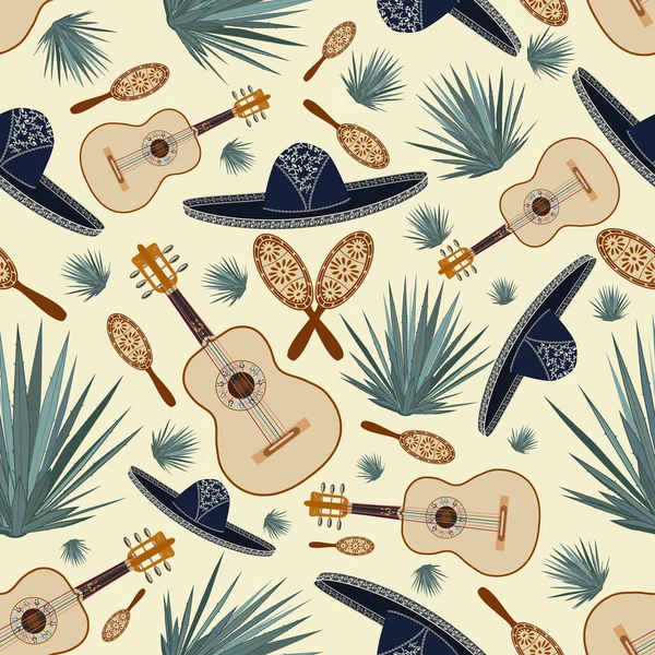 Patrón sin costura vectorial con sombrero mexicano, guitarra, maracas y plantas de agave azul. Fondo mexicano, fondo de pantalla. — Vector de stock
