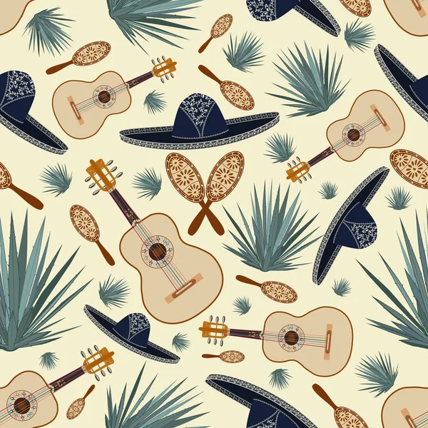 Patrón sin costura vectorial con sombrero mexicano, guitarra, maracas y plantas de agave azul. Fondo mexicano, fondo de pantalla. Ilustraciones de stock libres de derechos