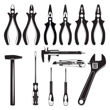İş aleti siluetleri. Tel kesiciler, kombinasyon pense, tornavida kesici bıçak vernier kalibre çekiç, vektör.