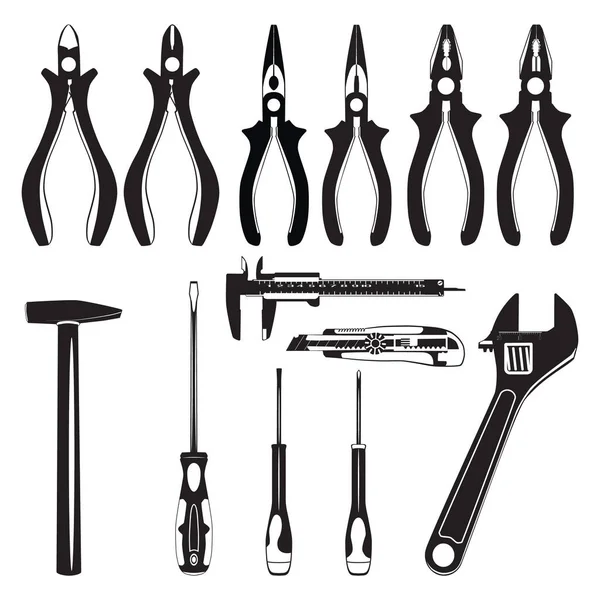 İş aleti siluetleri. Tel kesiciler, kombinasyon pense, tornavida kesici bıçak vernier kalibre çekiç, vektör.