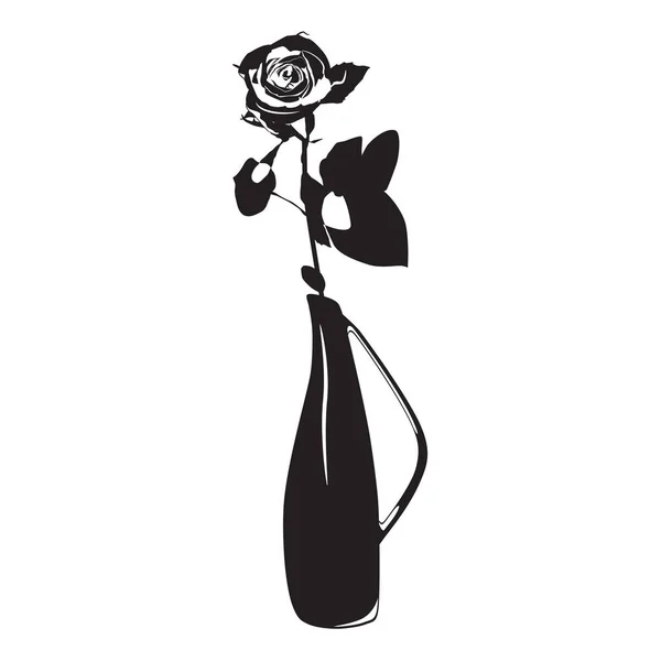 Rose Blume in der Vase schwarze Silhouette Vektor Illustration. Blühende Gartenblume — Stockvektor