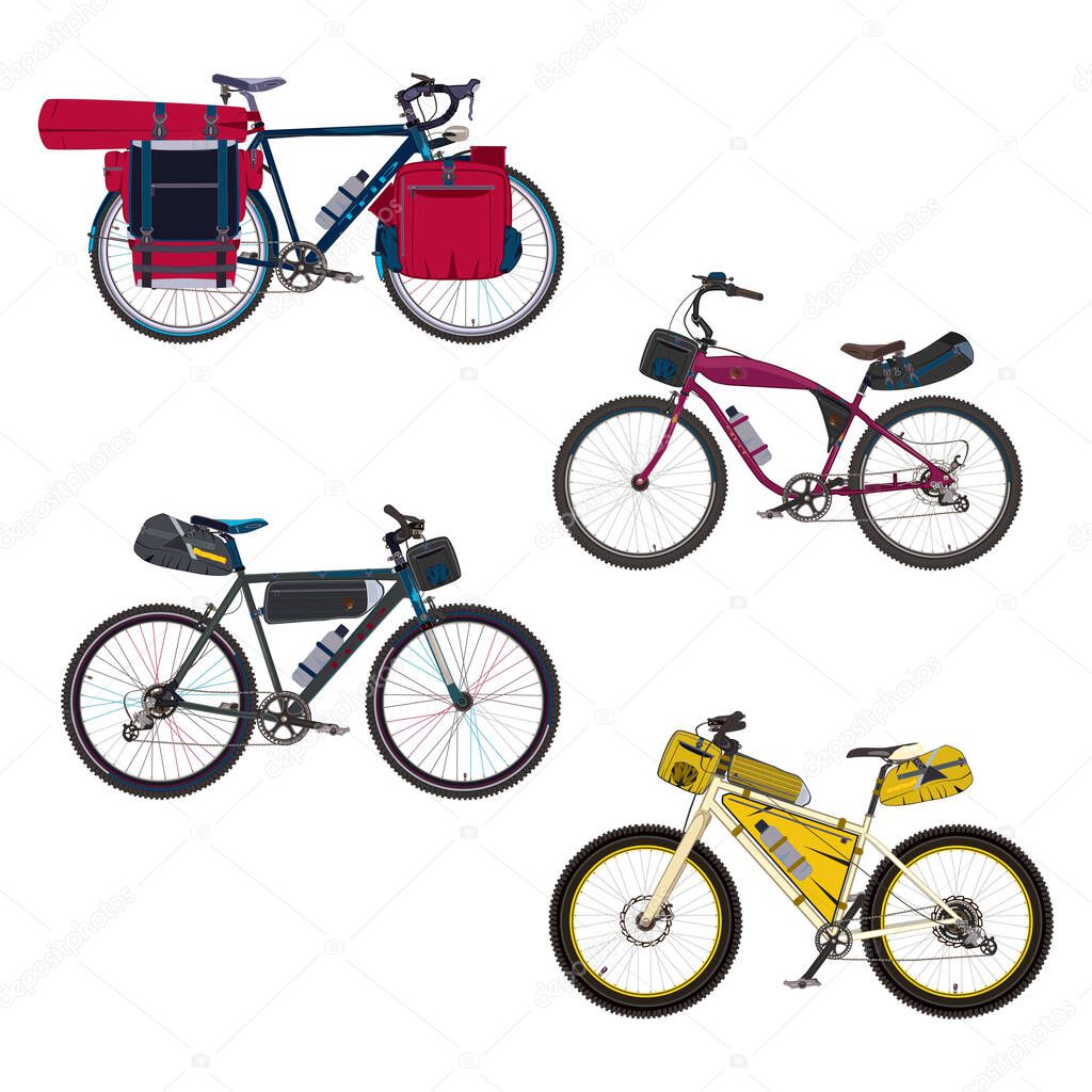 Vector set of bikepacking bikes with saddlebag, frame bag, handlebar bag and tent. Road gravel, hybrid, touring and mountain bicycles with bikepacking gear. Flat style design elements.
