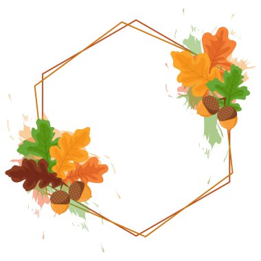 Autumn frame with bright color oak tree leaves and acorns. Fall floral border, vector illustration.