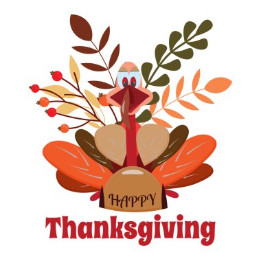 İçinde şirin hindi, dallar, böğürtlen dalları ve vektör illüstrasyon olan Şükran Günü kartı. Şükran Günü tasarım elementiniz kutlu olsun.
