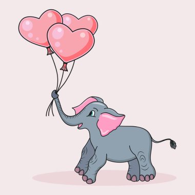 Pembe kalp şeklinde balonları olan sevimli bebek fil, vektör çizimi. Doğum günün kutlu olsun, bebek partisi, Sevgililer Günü tebrik kartı, davetiye tasarımı öğesi..
