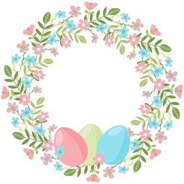 Mutlu Paskalya dekoratif çiçek çerçeveleri. Çiçekli bahar çelengi ve Paskalya yumurtaları, vektör çizimi. Tebrik kartları ve bayram dekorasyonu tasarım ögesi.