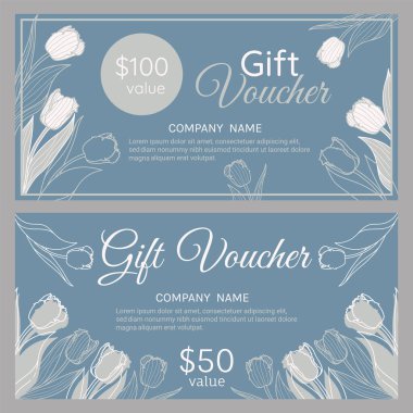 Bahar hediyesi kartı, sertifika, özet lale çiçekli fiş şablonu. Çiçek serisi sanat tasarımı arka planı, iş indirimi kartı, kupon, vektör illüstrasyonu.