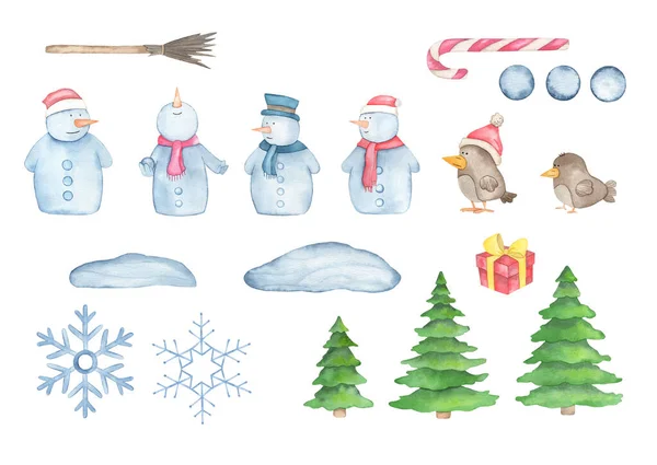 Watercolor Hand Drawn Clipart Cute Snowman Hats Christmas Trees Gift — Stock Photo, Image