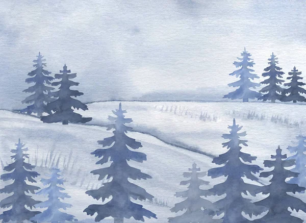 Watercolor blue winter snowy landscape with pine tree hand painted background