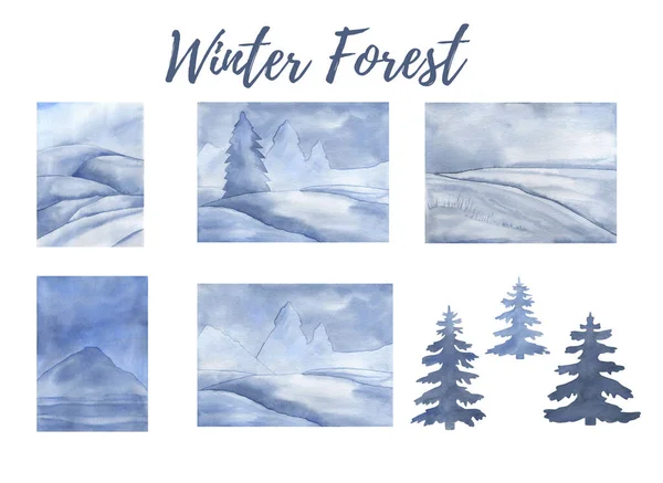 Suluboya mavi kış karlı manzara Çam ağacı elle boyanmış arka plan — Stok fotoğraf
