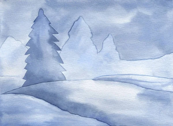 Akvarel modrá zima zasněžená krajina s borovice ručně malované pozadí — Stock fotografie
