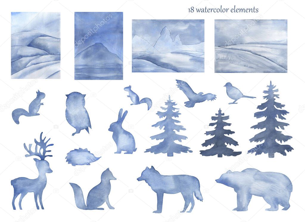 Watercolor blue arctic animals and landscape with pine tree hand painted background