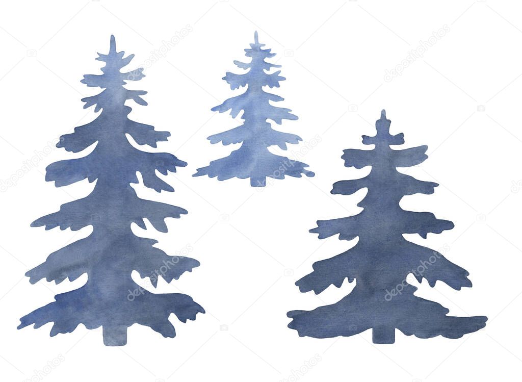 Watercolor blue Christmas trees isolated on white background